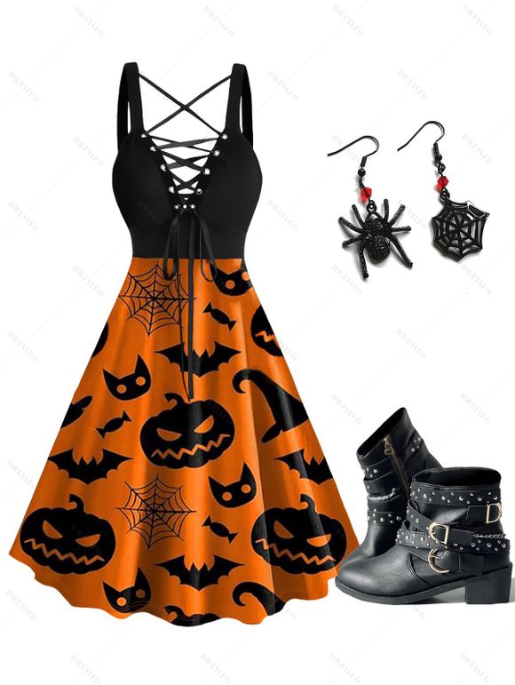 Halloween Pumpkin Face Spider Web Bat Hat Print Dress and Rivet Buckle Strap Punk Boots Spider Earrings Outfit - Orange Foncé S | US 4