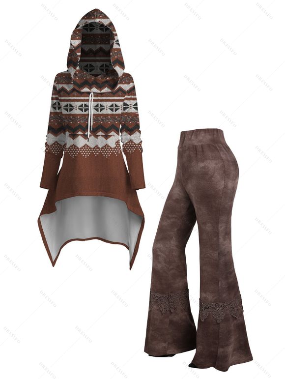 Tribal Print High-Low Drawstring Hoodie and Tie Dye Flare Pants Outfit - Café profond S | US 4