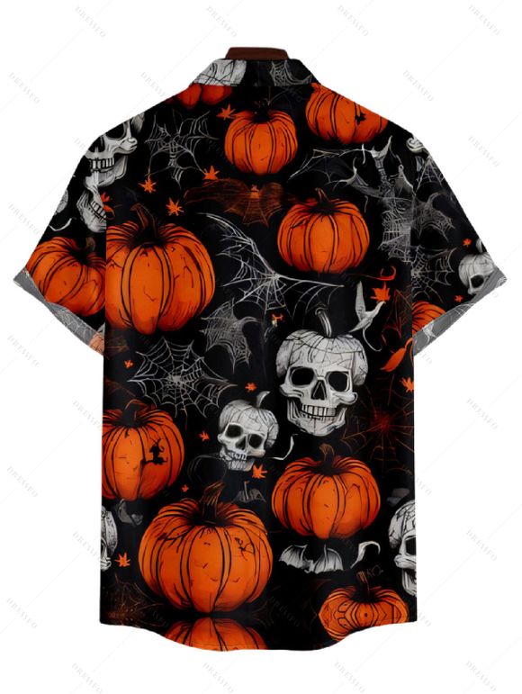 Chemise Décontractée Toile D'Araignée Crâne Halloween Boutonnée à Manches Courtes - Noir 3XL