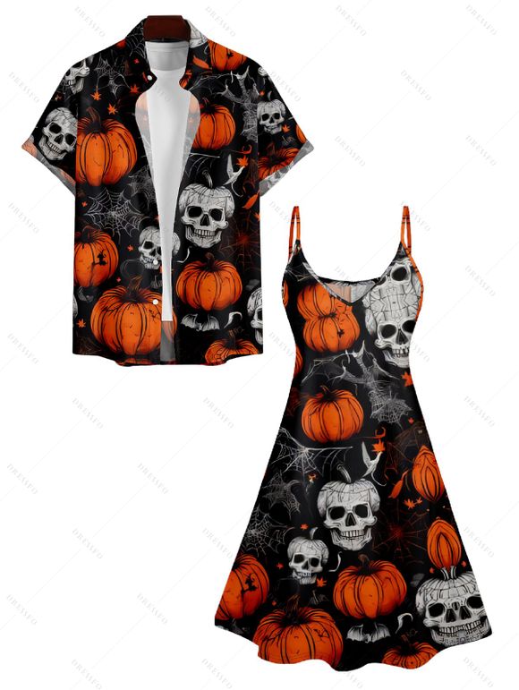 Halloween Pumpkin Skull Spider Web Print V Neck High Waist Spaghetti Strap Dress and Roll Up Sleeve Shirt Outfit - Noir S | US 4