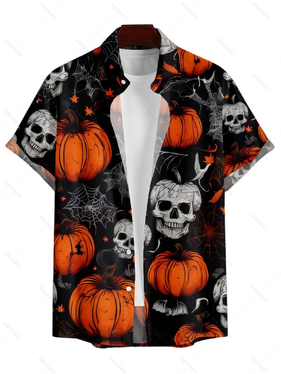 Halloween Pumpkin Skull Spider Web Print V Neck High Waist Spaghetti Strap Dress and Roll Up Sleeve Shirt Outfit - Noir S | US 4