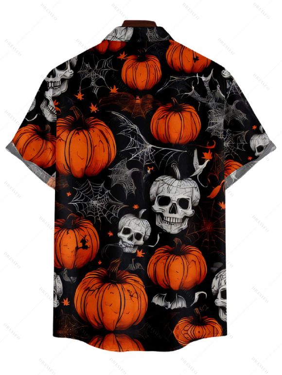 Halloween Pumpkin Skull Spider Web Print V Neck High Waist Spaghetti Strap Dress and Roll Up Sleeve Shirt Outfit - Noir S | US 4