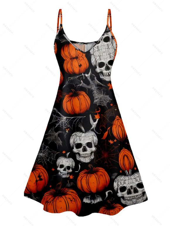 Halloween Pumpkin Skull Spider Web Print V Neck High Waist Spaghetti Strap Dress and Roll Up Sleeve Shirt Outfit - Noir S | US 4