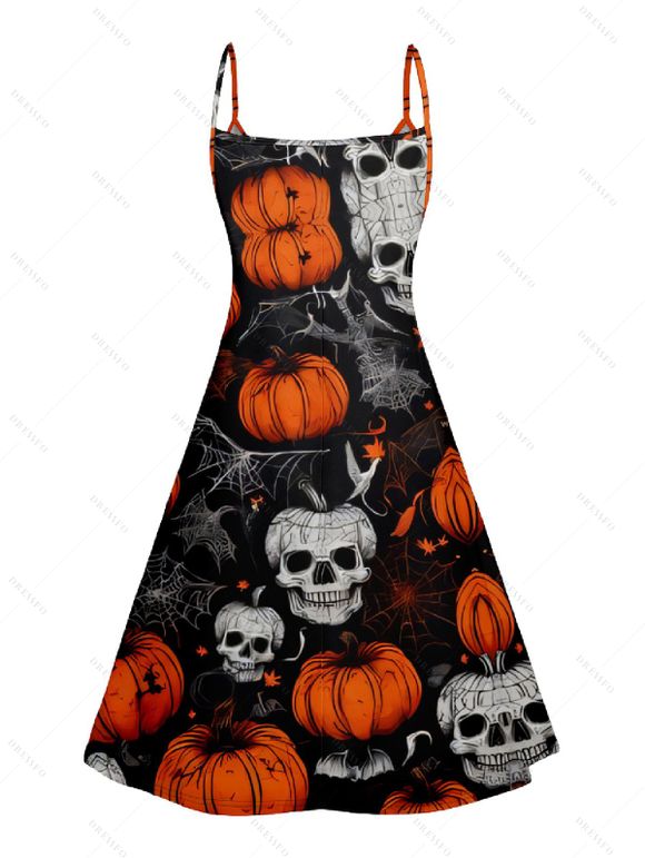 Halloween Pumpkin Skull Spider Web Print V Neck High Waist Spaghetti Strap Dress and Roll Up Sleeve Shirt Outfit - Noir S | US 4