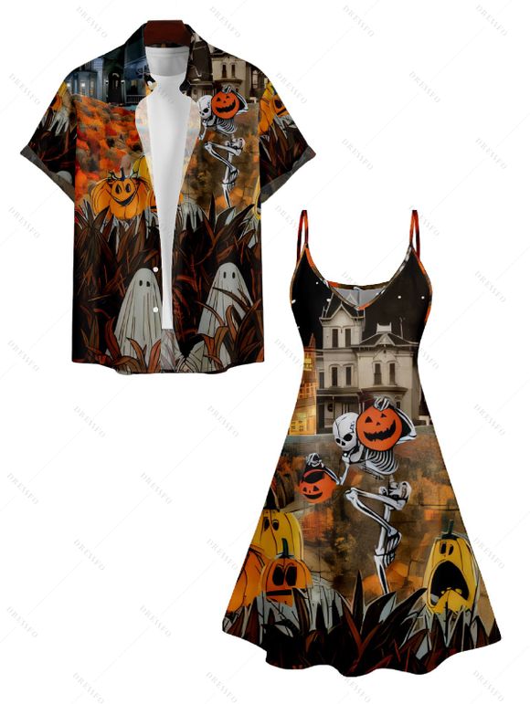 Halloween Skeleton Pumpkin House Print V Neck Spaghetti Strap Dress and Roll Up Sleeve Shirt Outfit - Noir S | US 4