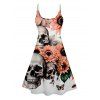 Skull Sunflower Print V Neck High Waist Spaghetti Strap Dress Sleeveless Summer A Line Cami Dress