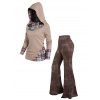 Plaid Embossed Checked Print Patchwork Mock Botton Hoodie and Tie Dye Flare Pants Outfit - café lumière S | US 4