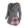 Heathered Checked Patchwork Cowl Neck Top and Cinched Skirted Flare Pants Outfit - Gris S | US 4