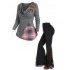 Heathered Checked Patchwork Cowl Neck Top and Cinched Skirted Flare Pants Outfit - Gris S | US 4