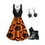 Halloween Pumpkin Face Spider Web Bat Hat Print Dress and Rivet Buckle Strap Punk Boots Spider Earrings Outfit - Orange Foncé S | US 4