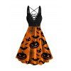 Halloween Pumpkin Face Spider Web Bat Hat Print Dress and Rivet Buckle Strap Punk Boots Spider Earrings Outfit - Orange Foncé S | US 4