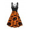 Halloween Pumpkin Face Spider Web Bat Hat Print Dress and Rivet Buckle Strap Punk Boots Spider Earrings Outfit - Orange Foncé S | US 4