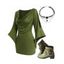 Cowl Neck Solid Top and Rivet Buckle Strap Boots Faux Crystal Chain Necklace Outfit - Vert profond S | US 4