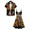 Halloween Skeleton Pumpkin House Print V Neck Spaghetti Strap Dress and Roll Up Sleeve Shirt Outfit - Noir S | US 4