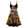 Halloween Skeleton Pumpkin House Print V Neck Spaghetti Strap Dress and Roll Up Sleeve Shirt Outfit - Noir S | US 4