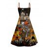 Halloween Skeleton Pumpkin House Print V Neck Spaghetti Strap Dress and Roll Up Sleeve Shirt Outfit - Noir S | US 4