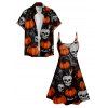 Halloween Pumpkin Skull Spider Web Print V Neck High Waist Spaghetti Strap Dress and Roll Up Sleeve Shirt Outfit - Noir S | US 4