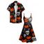 Halloween Pumpkin Skull Spider Web Print V Neck High Waist Spaghetti Strap Dress and Roll Up Sleeve Shirt Outfit - Noir S | US 4