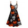 Halloween Pumpkin Skull Spider Web Print V Neck High Waist Spaghetti Strap Dress and Roll Up Sleeve Shirt Outfit - Noir S | US 4