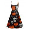 Halloween Pumpkin Skull Spider Web Print V Neck High Waist Spaghetti Strap Dress and Roll Up Sleeve Shirt Outfit - Noir S | US 4