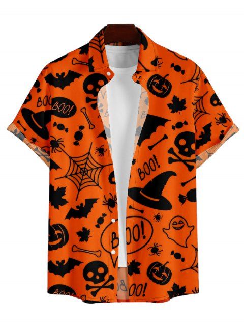 Chemise Décontractée Manches Chauve-Souris avec Imprimé Citrouille et Chauve-Souris D'Halloween pour Hommes