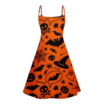 Halloween Bat Hat Pumpkin Face Print V Neck Spaghetti Strap Dress Sleeveless A Line Cami Dress