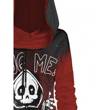 Halloween Letter Slogan Skeleton Print High-Low Drawstring Hooded Long-Sleeve Casual Hoodie