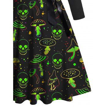 Skull Mushroom Print Dress Crisscross Bowknot Belted Short Sleeve High Waisted A Line Dress