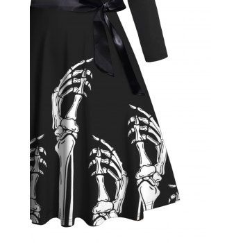 Skeleton Hand Print Crisscross Bowknot Belted Short Sleeve High Waisted A Line Midi Dress