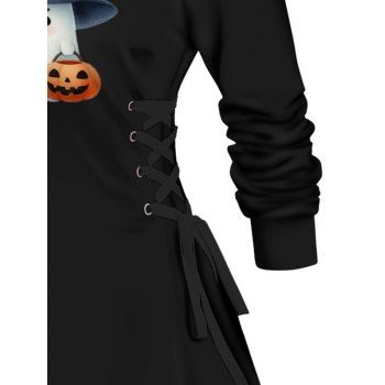 Halloween Pumpkin Face Hat Print Drawstring Hoodie Side Lace Up A Line Hooded Dress