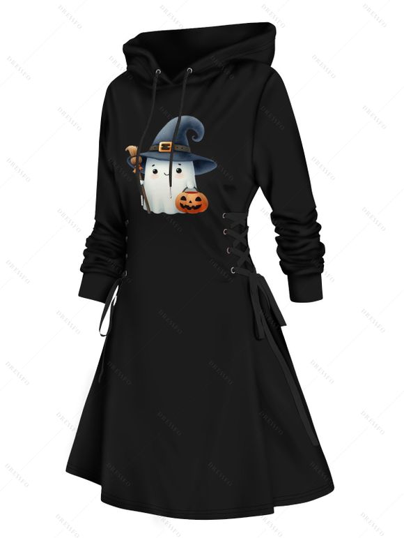 Robe à Capuche D'Halloween Ligne A Citrouille Chapeau Imprimé à Lacets à Côté - Noir XL | US 12