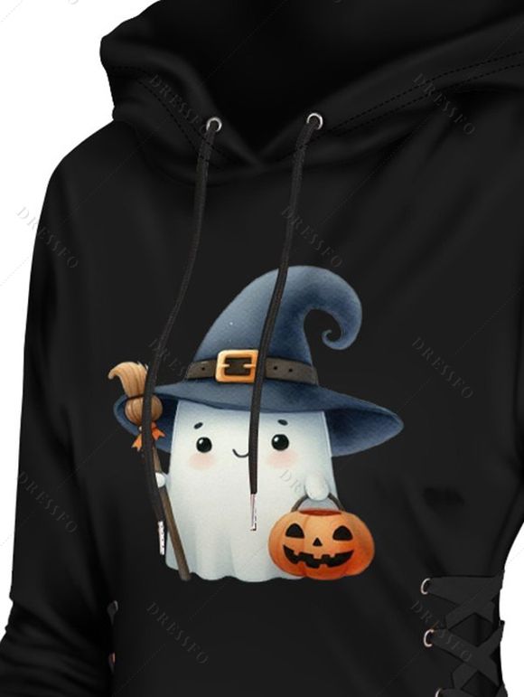 Robe à Capuche D'Halloween Ligne A Citrouille Chapeau Imprimé à Lacets à Côté - Noir XXL | US 14