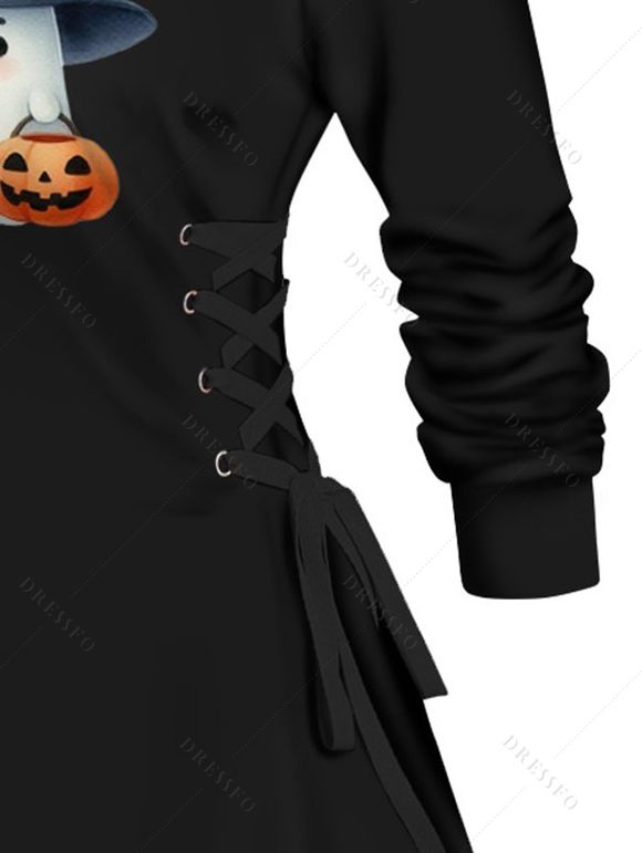 Robe à Capuche D'Halloween Ligne A Citrouille Chapeau Imprimé à Lacets à Côté - Noir XXL | US 14