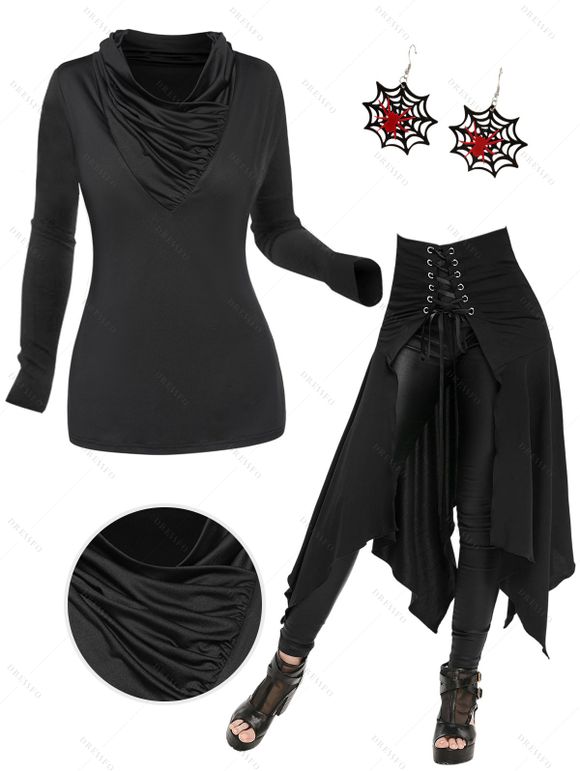 Frilled Plain Color Cowl Neck Top and Lace Up Open Front Handkerchief Skirt Spider Web Earrings Outfit - Noir S | US 4