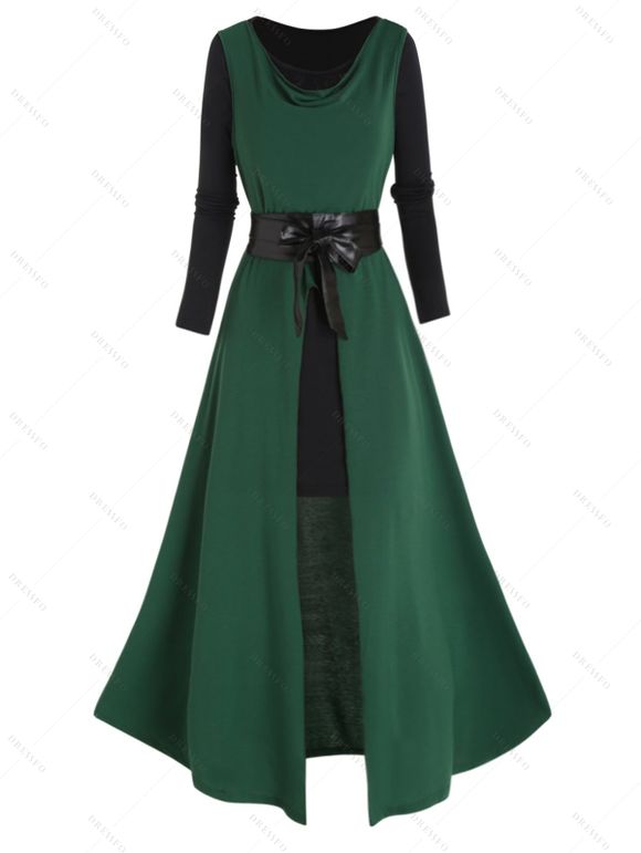 High Slit Belt Hooded Top Sheer Dress Two Piece Set and Lace Choker Hollow Out Necklace Outfit - Vert profond S | US 4