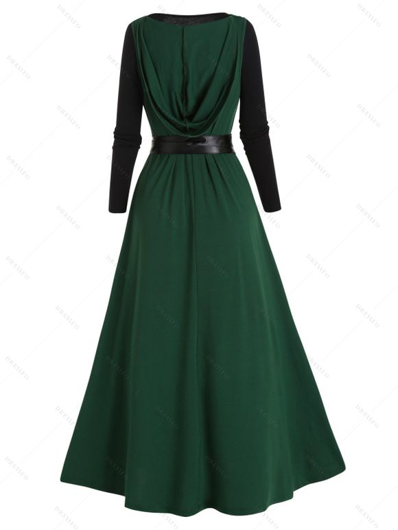 High Slit Belt Hooded Top Sheer Dress Two Piece Set and Lace Choker Hollow Out Necklace Outfit - Vert profond S | US 4