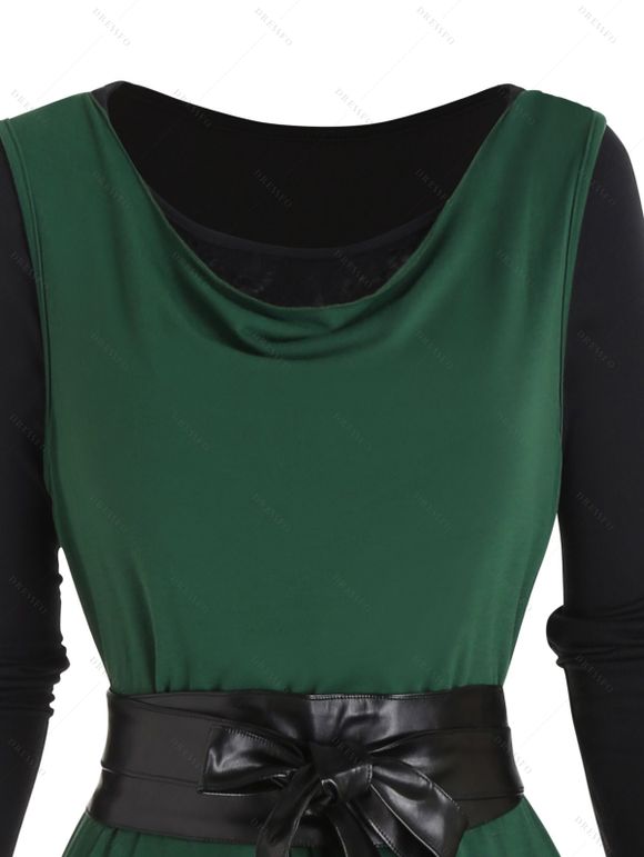 High Slit Belt Hooded Top Sheer Dress Two Piece Set and Lace Choker Hollow Out Necklace Outfit - Vert profond S | US 4