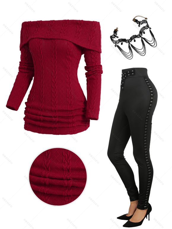 Off The Shoulder Cable Knit Sweater and Solid Color Buckle Grommet Pants Hollow Out Chain Necklace Outfit - Rouge foncé S | US 4