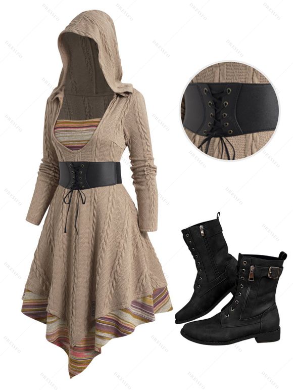 Striped Panel Knit Hooded Midi Knitted Dress and Chunky Heel Zipper Lace Up Boots Outfit - café lumière S | US 4