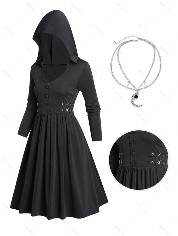 Buckle Gothic Hooded Plain Color Dress and Moon Star Bead Necklace Outfit - Noir S | US 4