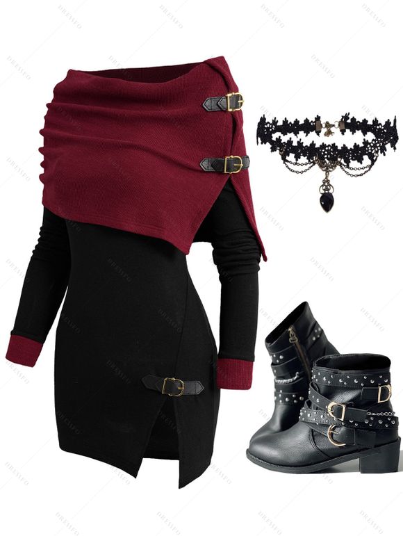 Open Shoulder Knit Foldover Top and Rivet Buckle Strap Punk Boots Hollow Out Choker Outfit - Rouge foncé S | US 4