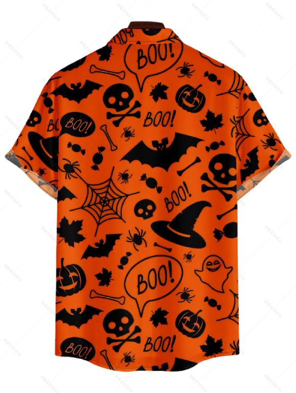Chemise Décontractée Manches Chauve-Souris avec Imprimé Citrouille et Chauve-Souris D'Halloween pour Hommes - Orange Foncé 4XL