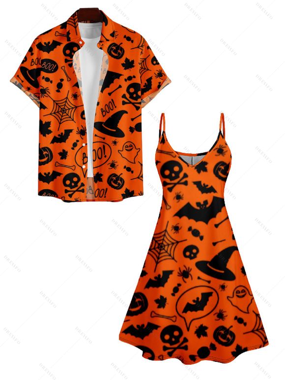 Halloween Bat Hat Pumpkin Face Print V Neck Spaghetti Strap Dress and Roll Up Sleeve Shirt Outfit - Orange Foncé S | US 4