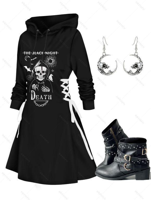 Bat Skull Letters Slogan Print Drawstring Hoodie and Zip Up Chunky Heel Punk Boots Hook Drop Earrings Outfit - Noir M | US 6