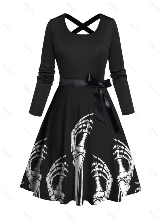 Robe Ligne A Mi-Longue Ceinturée Croisée Squelette Imprimée à Taille Haute - Noir S | US 4