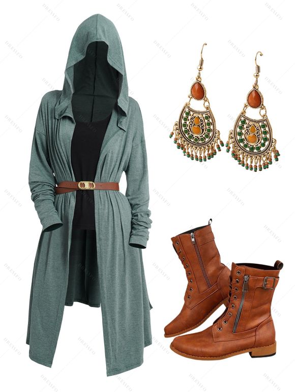 Open Front Drop Shoulder Belted Hooded Top Solid Tank Top Set and Chunky Heel Boots Hook Drop Earrings Outfit - Vert clair S | US 4