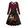 Gothic Skeleton Print Dress Crisscross Bowknot Belted Short Sleeve High Waisted A Line Dress