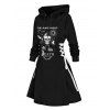 Bat Skull Letters Slogan Print Drawstring Hoodie and Zip Up Chunky Heel Punk Boots Hook Drop Earrings Outfit - Noir M | US 6