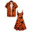 Halloween Bat Hat Pumpkin Face Print V Neck Spaghetti Strap Dress and Roll Up Sleeve Shirt Outfit - Orange Foncé S | US 4