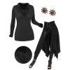 Frilled Plain Color Cowl Neck Top and Lace Up Open Front Handkerchief Skirt Spider Web Earrings Outfit - Noir S | US 4